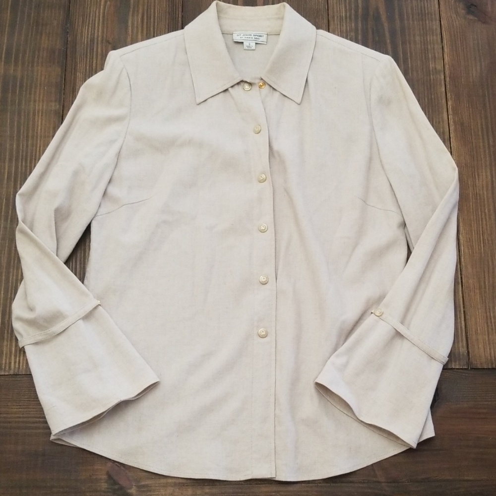 St. John Sport Linen Blend Button Up Bell Sleeve Small